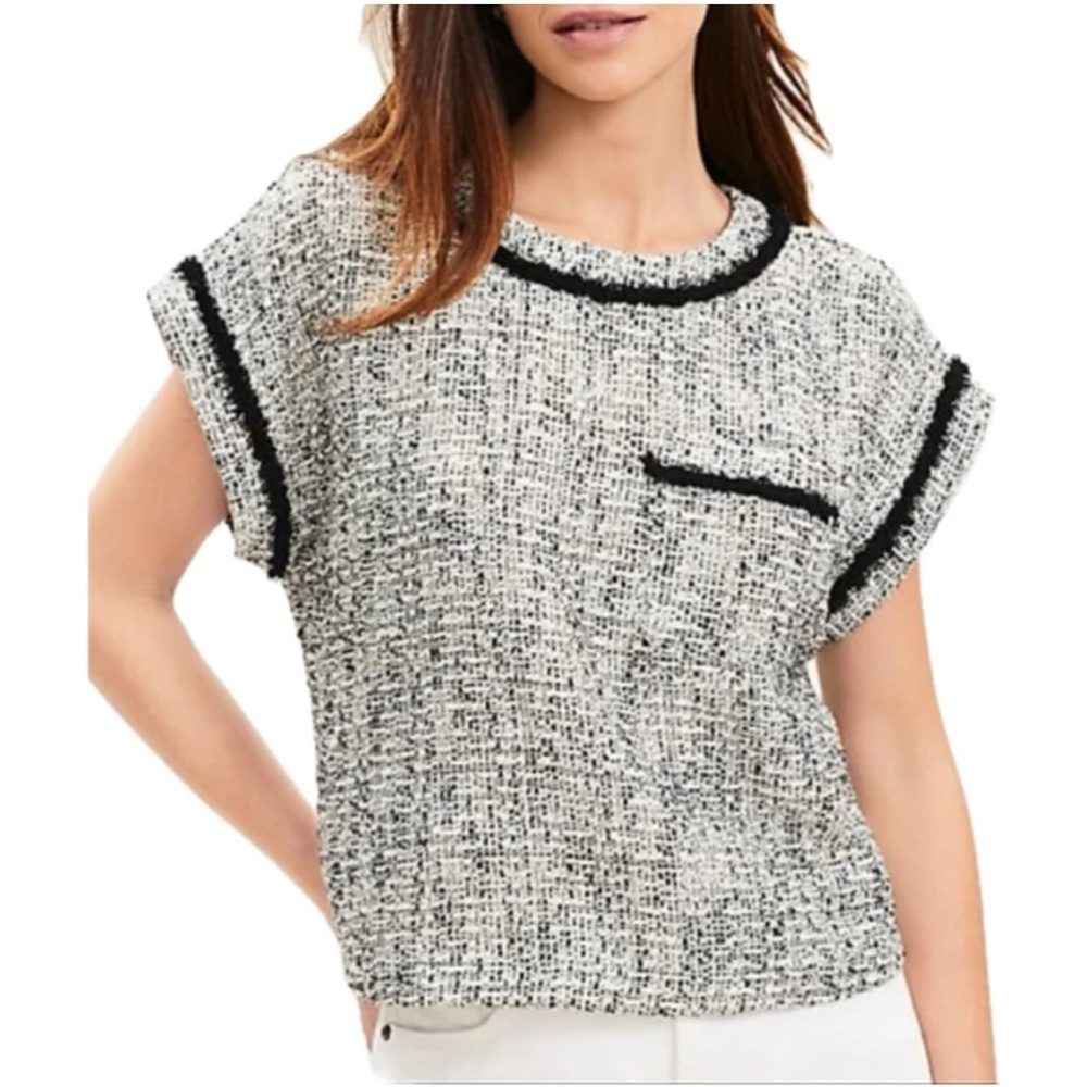 Loft Fringe Accent Tweed  Short Sleeve Shirt with Front Pocket Size L